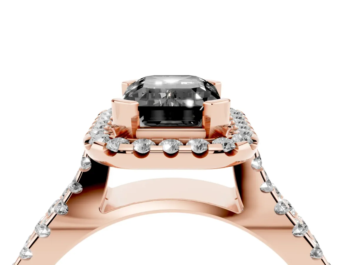 Fancy Black Emerald Cut Diamond Halo Ring with Split Shank Pavé Band and Prong Setting Rose gold