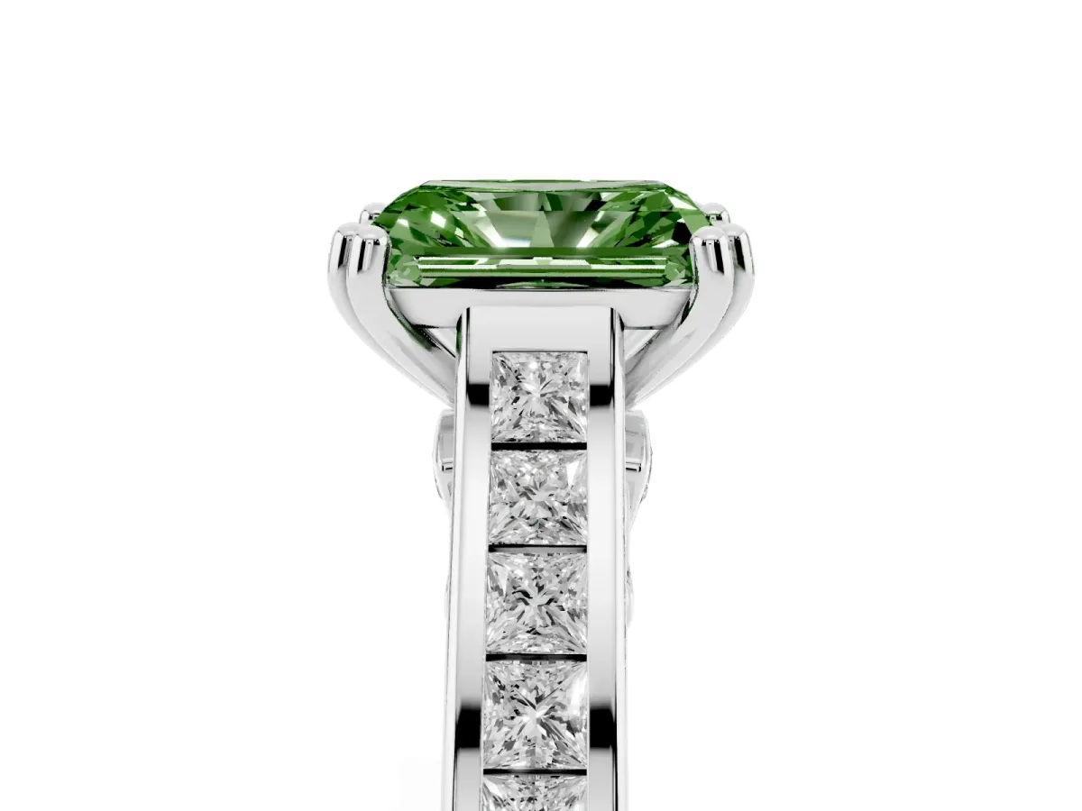 Fancy Green Radiant Cut Cut Channel Set Solitaire Engagement Ring with Prong Setting Silver