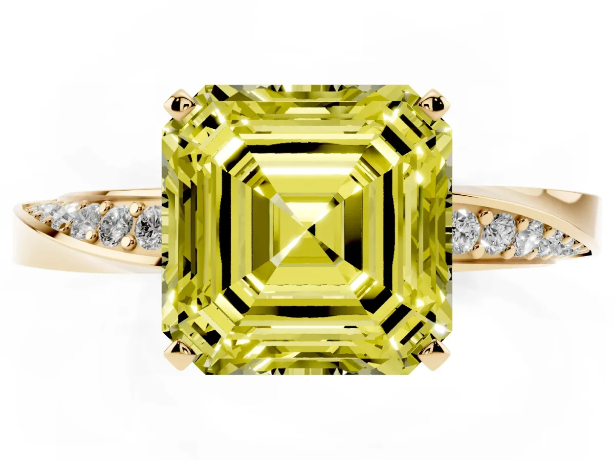 Fancy Yellow Asscher Cut Diamond Engagement Ring with Side Stone Accents and Four-Prong Setting Yellow gold