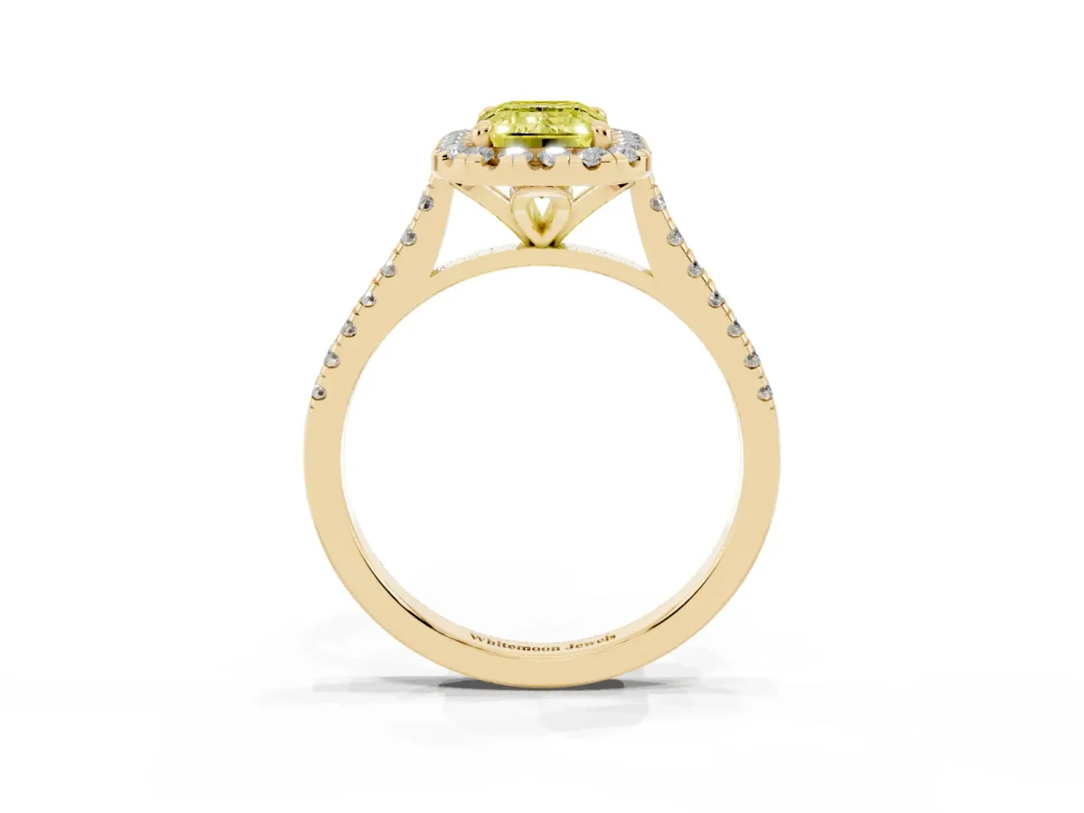 Fancy Yellow Emerald Cut Diamond Cushion Halo Ring with Pavé Band Yellow gold