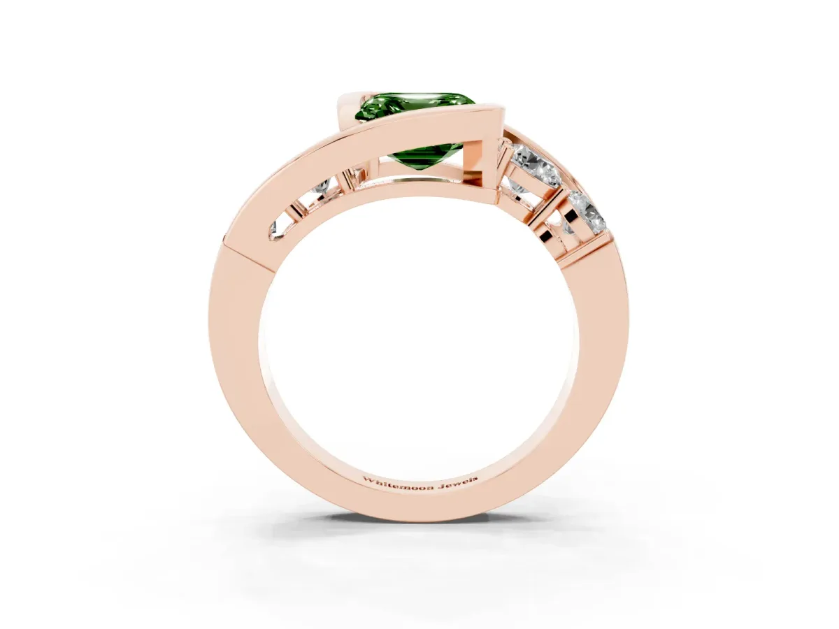 Fancy Green Bezel Set Asscher Cut Diamond Bypass Ring with Round Accents Rose gold