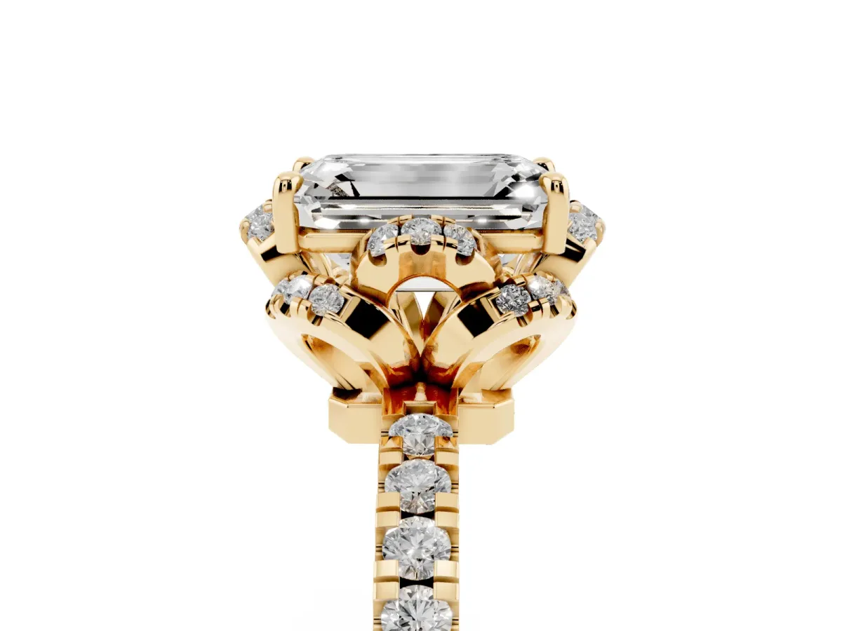 Emerald Cut Diamond Halo Pave Band with Four-Prong Setting Yellow gold
