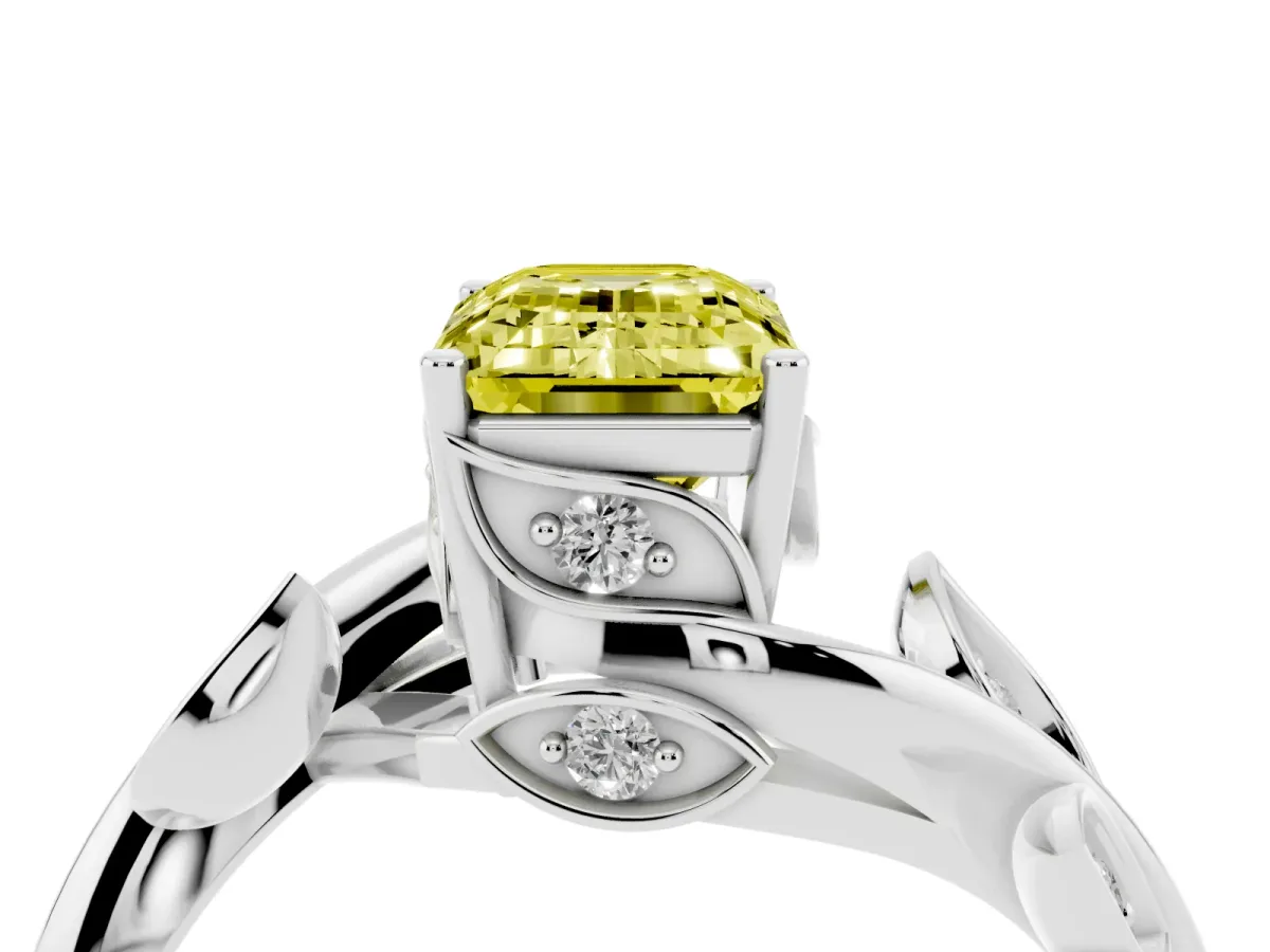 Fancy Yellow Emerald Cut Solitaire Twist Engagement Ring with Leaf Accents and Prong Setting Silver