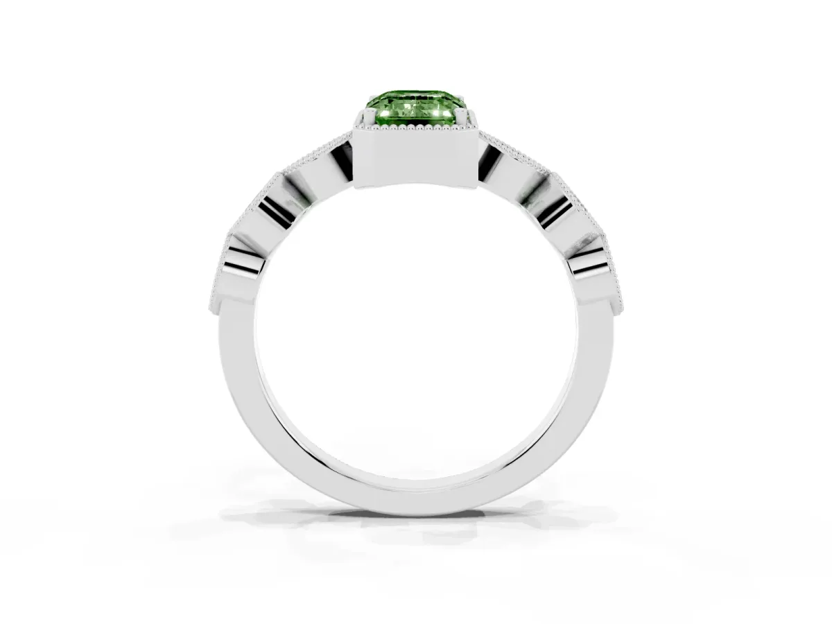 Fancy Green Emerald Cut Diamond Vintage Milgrain Ring with Round Stations Silver