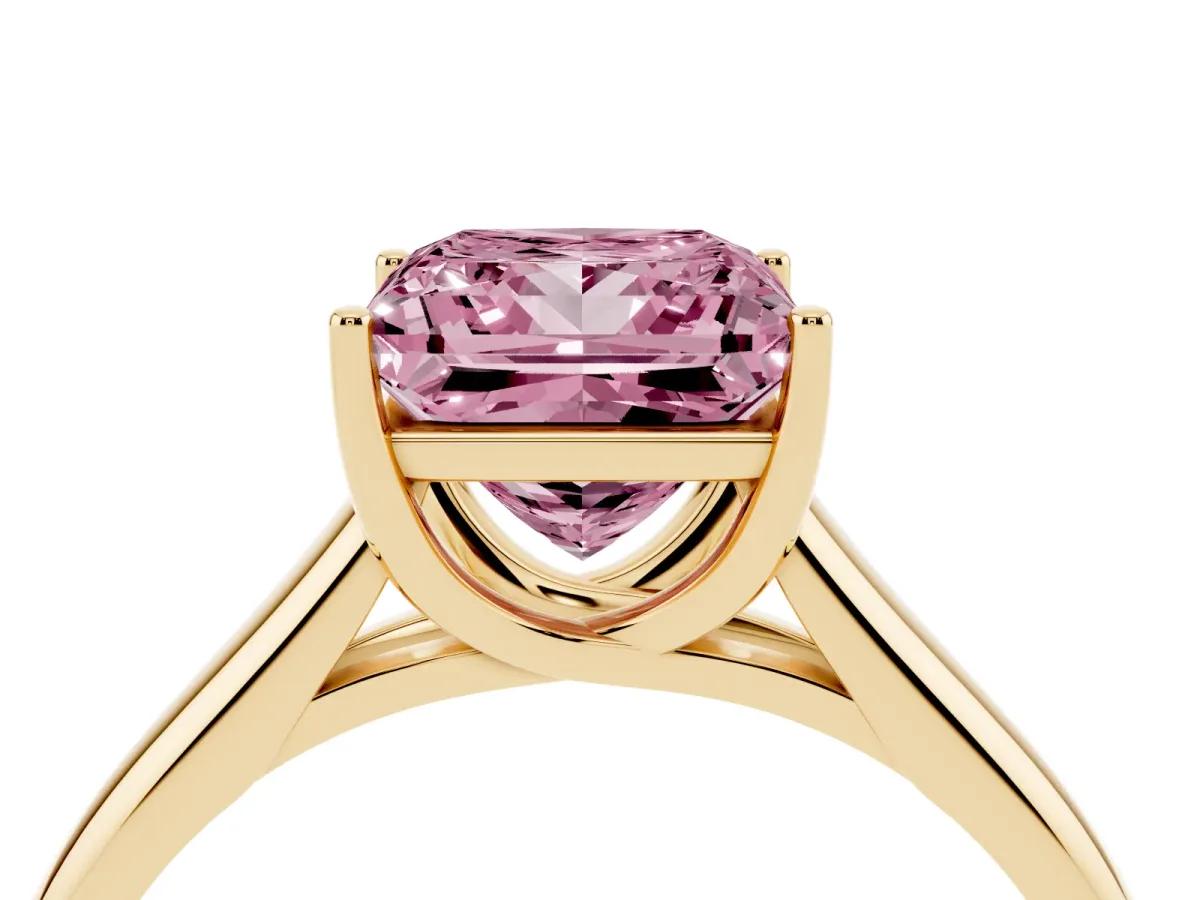 Fancy Pink Princess Cut Solitaire Engagement Ring with Tapered Band and Four-Prong Setting Yellow gold