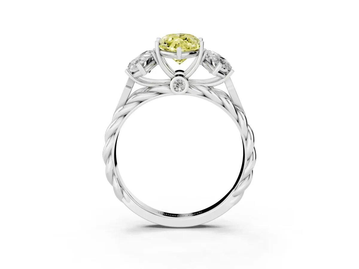 Fancy Yellow Three-Stone Marquise Cut Diamond Braided Band Ring with Four-Prong Setting Silver