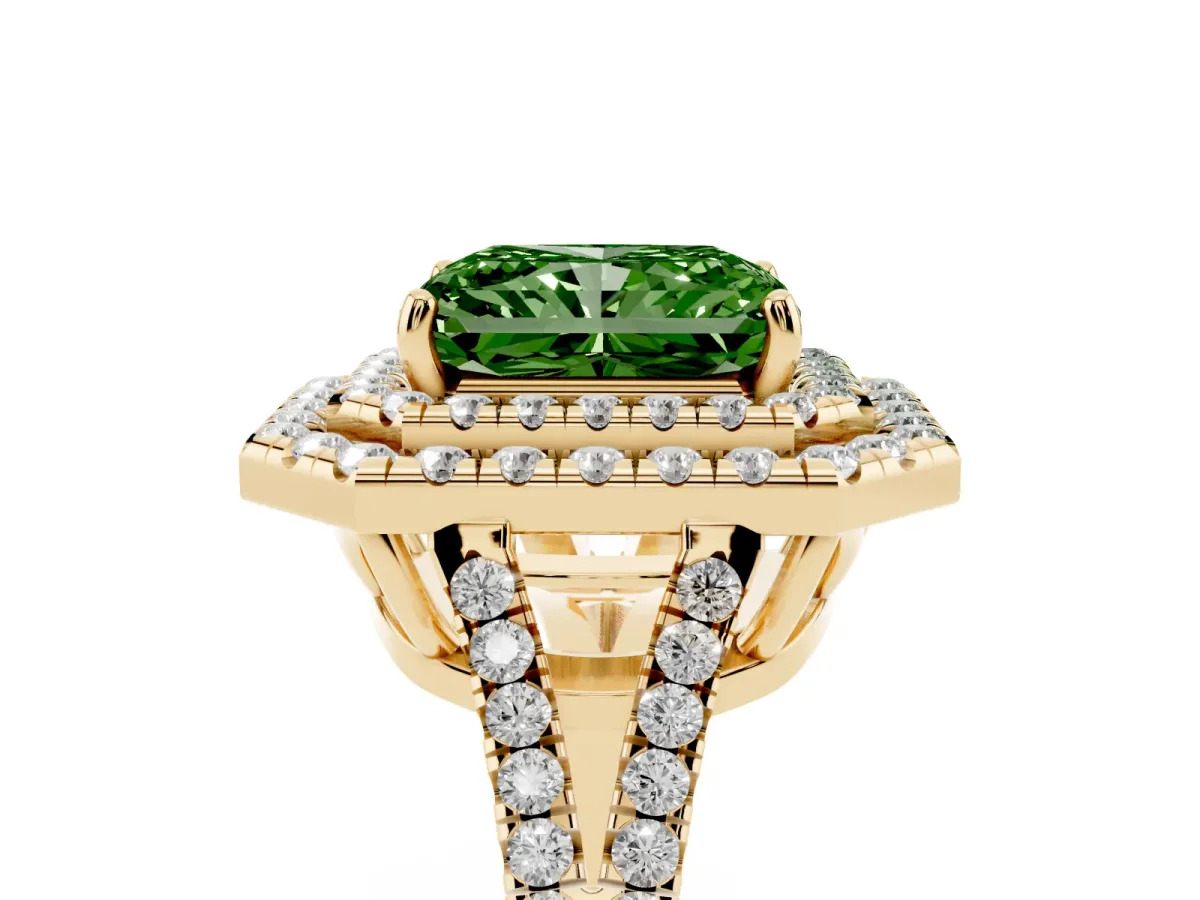 Fancy Green Radiant Cut Diamond Double Halo Ring with Pavé Band and Prong Setting Yellow gold