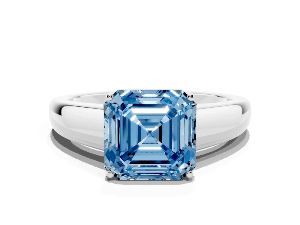 Fancy Blue Asscher Cut Solitaire Diamond Ring with Tapered Band and Four-Prong Setting Silver