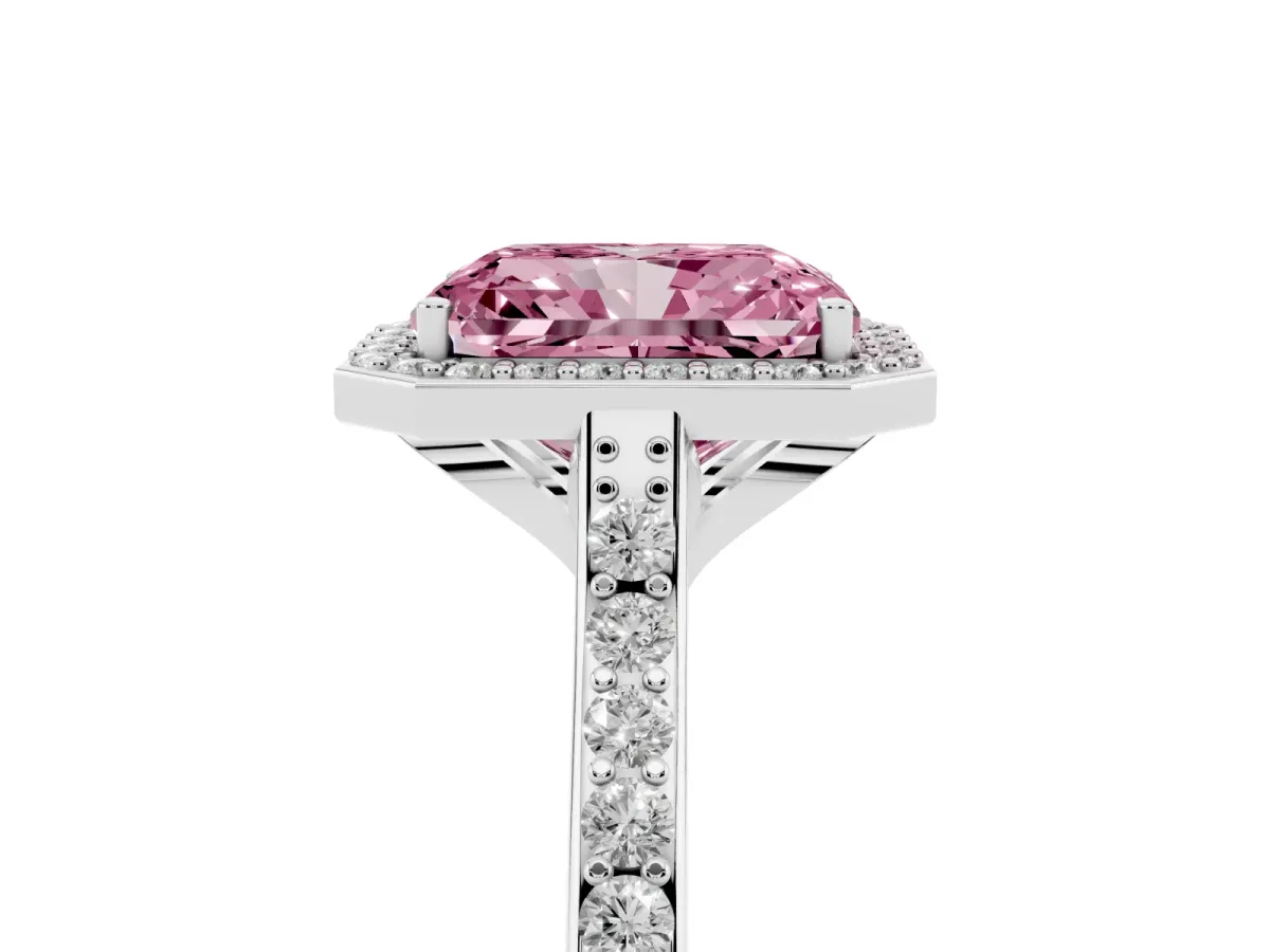 Fancy Pink Radiant Cut Diamond Halo Engagement Ring with Round Pavé Shoulders and Prong Setting Platinum