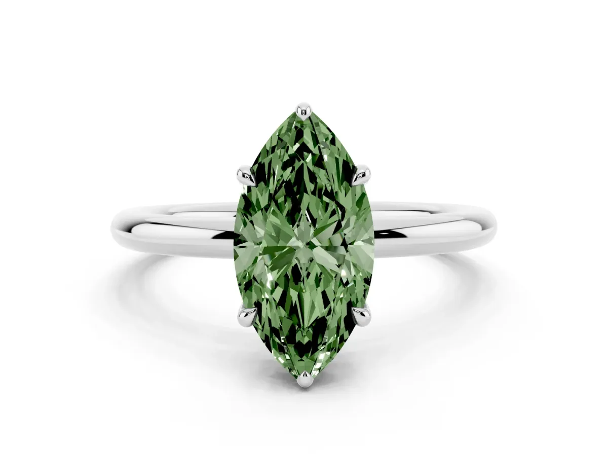 Fancy Green Marquise Cut Diamond Solitaire Ring with Thin Band and Four-Prong Setting Platinum