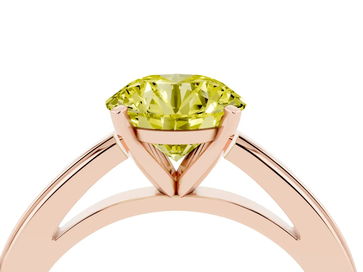 Fancy Yellow Round Cut Solitaire Diamond Ring with Four-Prong Setting and Classic Band Rose gold