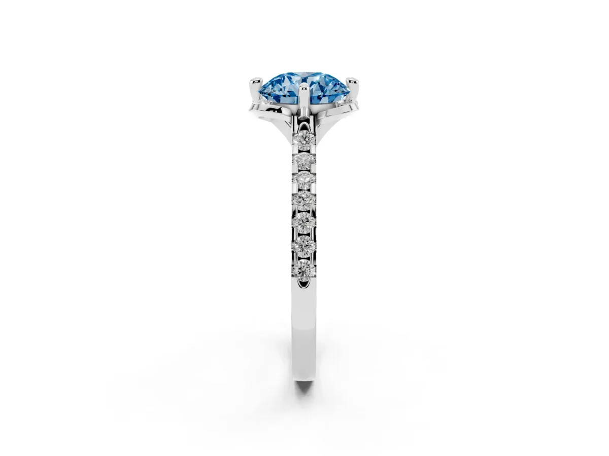 Fancy Blue Round Cut Diamond Ring with Pavé Band and Floral Prong Setting Silver
