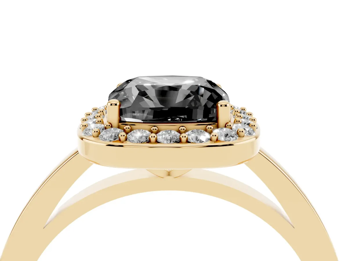 Fancy Black Cushion Cut Halo Diamond Ring with Solitaire Band and Prong Setting Yellow gold