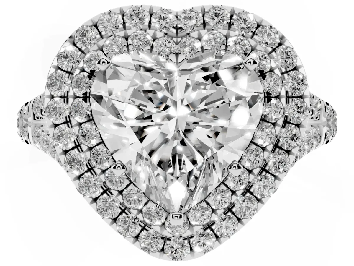 Double Halo Heart Cut Diamond Split Shank Engagement Ring with Four-Prong Setting Silver