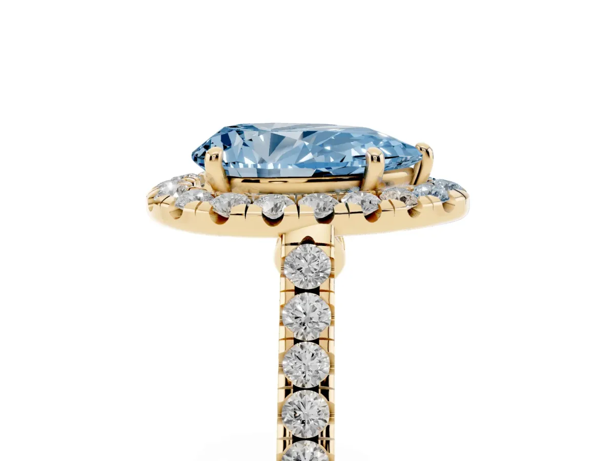 Fancy Blue Pear Cut Halo Pave Diamond Engagement Ring with Four-Prong Setting Yellow gold