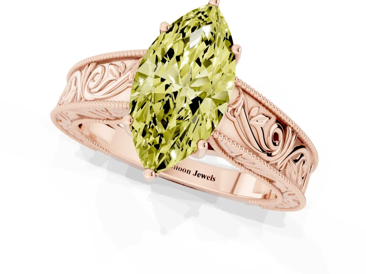 Fancy Yellow Marquise Cut Diamond Solitaire Ring with Engraved Band and Four-Prong Setting Rose gold