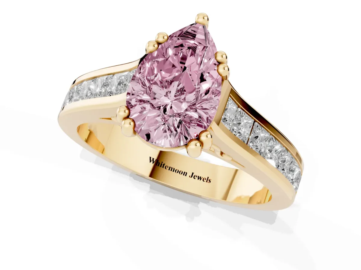 Fancy Pink Pear Cut Cut Channel Set Solitaire Engagement Ring with Prong Setting Yellow gold
