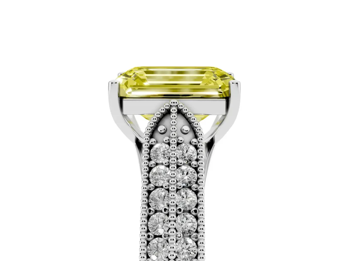 Fancy Yellow Emerald Cut Cut Pave Split Shank Engagement Ring with Four-Prong Setting White gold