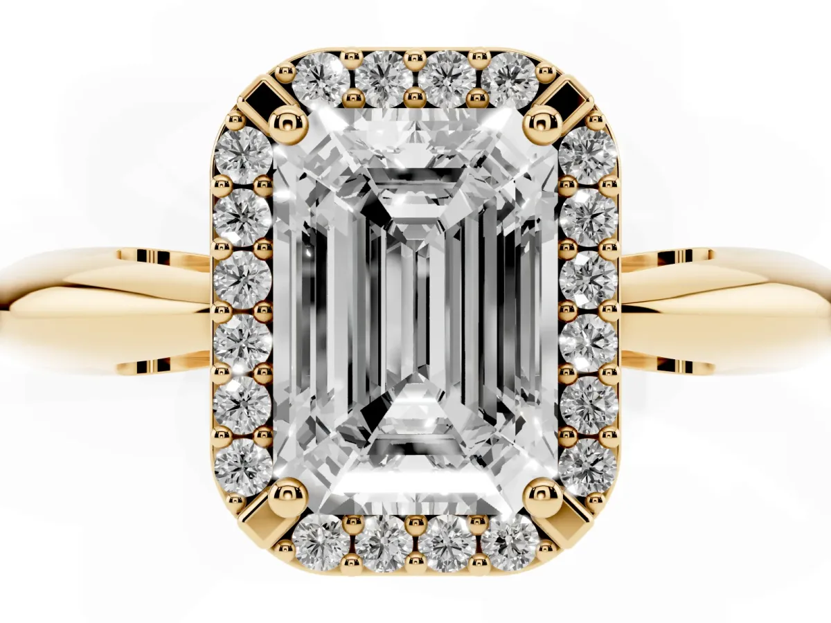Emerald Cut Cut Diamond Halo Engagement Ring with Split Shank and Four-Prong Setting Yellow gold