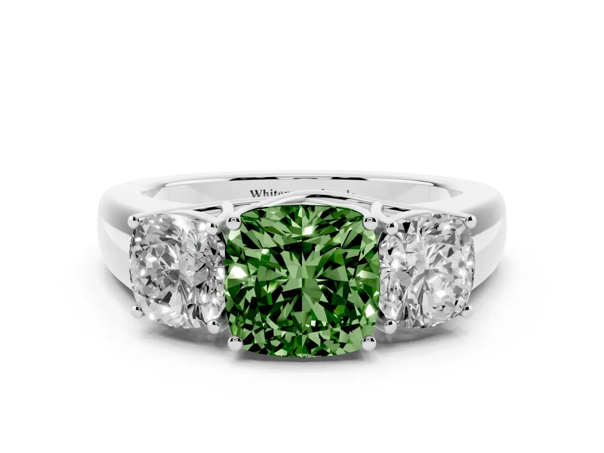 Fancy Green Three-Stone Cushion Cut Cut Diamond Ring with Prong Setting and Classic Band Silver