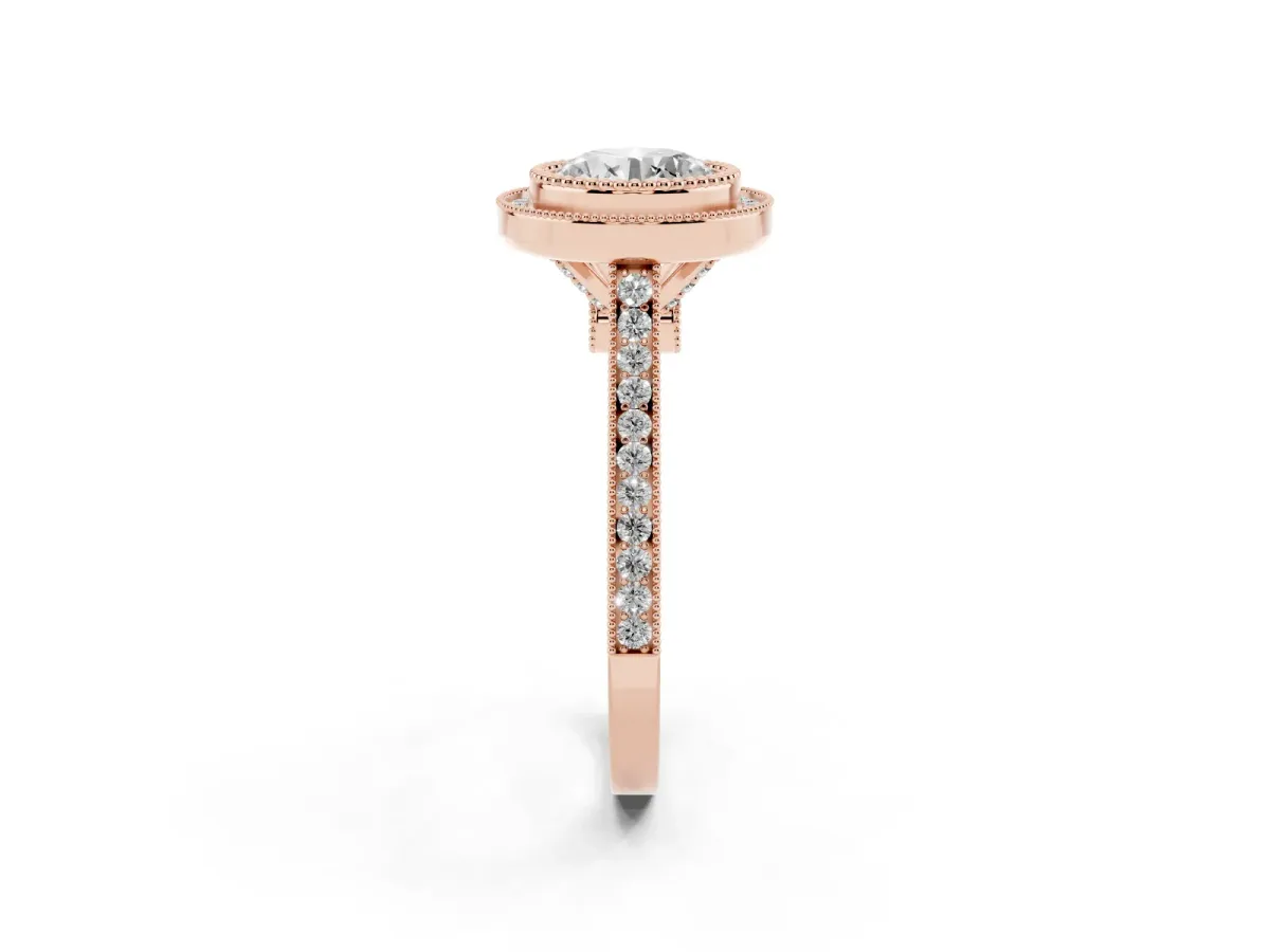 Round Cut Diamond Halo Ring with Milgrain Frame and Pavé Band Rose gold
