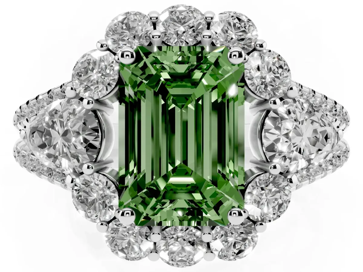 Fancy Green Emerald Cut Halo Split Shank Diamond Engagement Ring with Prong Setting White gold