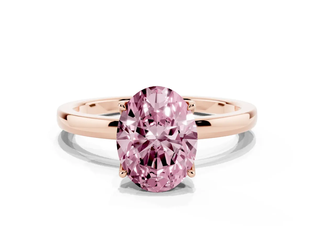 Fancy Pink Oval Cut Diamond Solitaire Ring with Thin Band and Prong Setting Rose gold