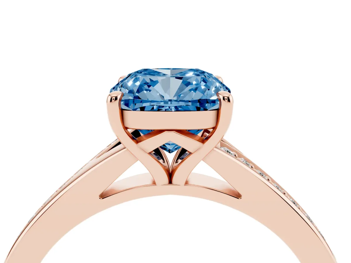 Fancy Blue Cushion Cut Diamond Solitaire Ring with Pavé Band and Prong Setting Rose gold