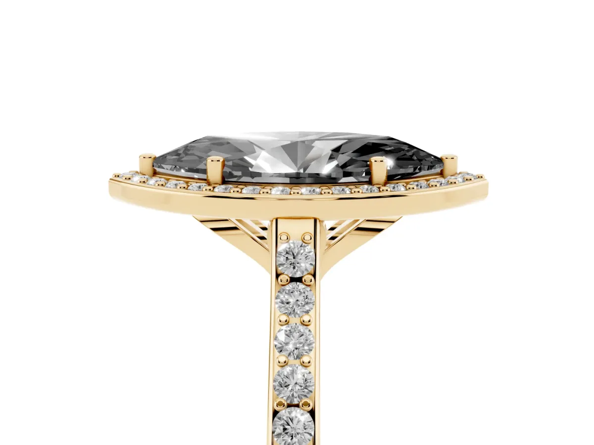 Fancy Black Marquise Cut Diamond Halo Engagement Ring with Round Pavé Shoulders and Prong Setting Yellow gold