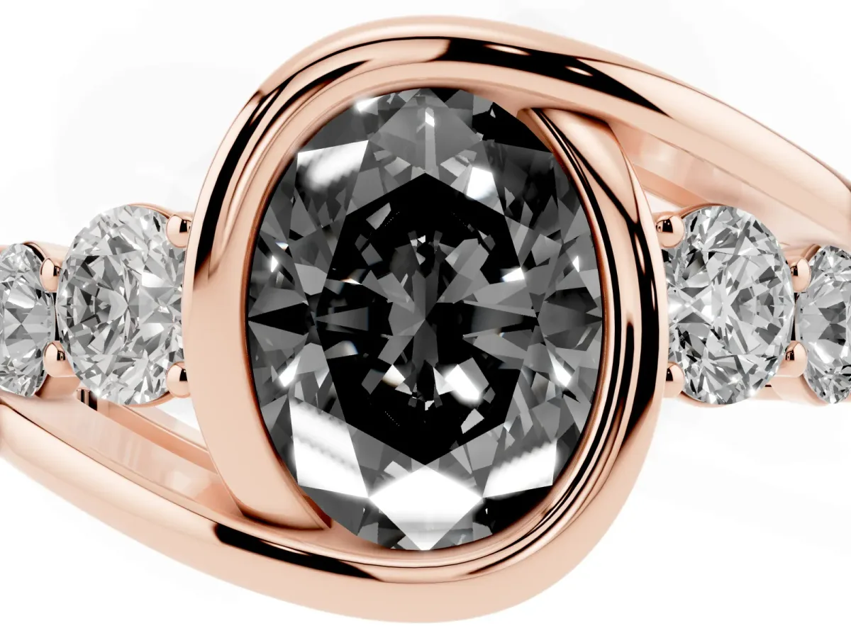 Fancy Black Bezel Set Oval Cut Diamond Bypass Ring with Round Accents Rose gold