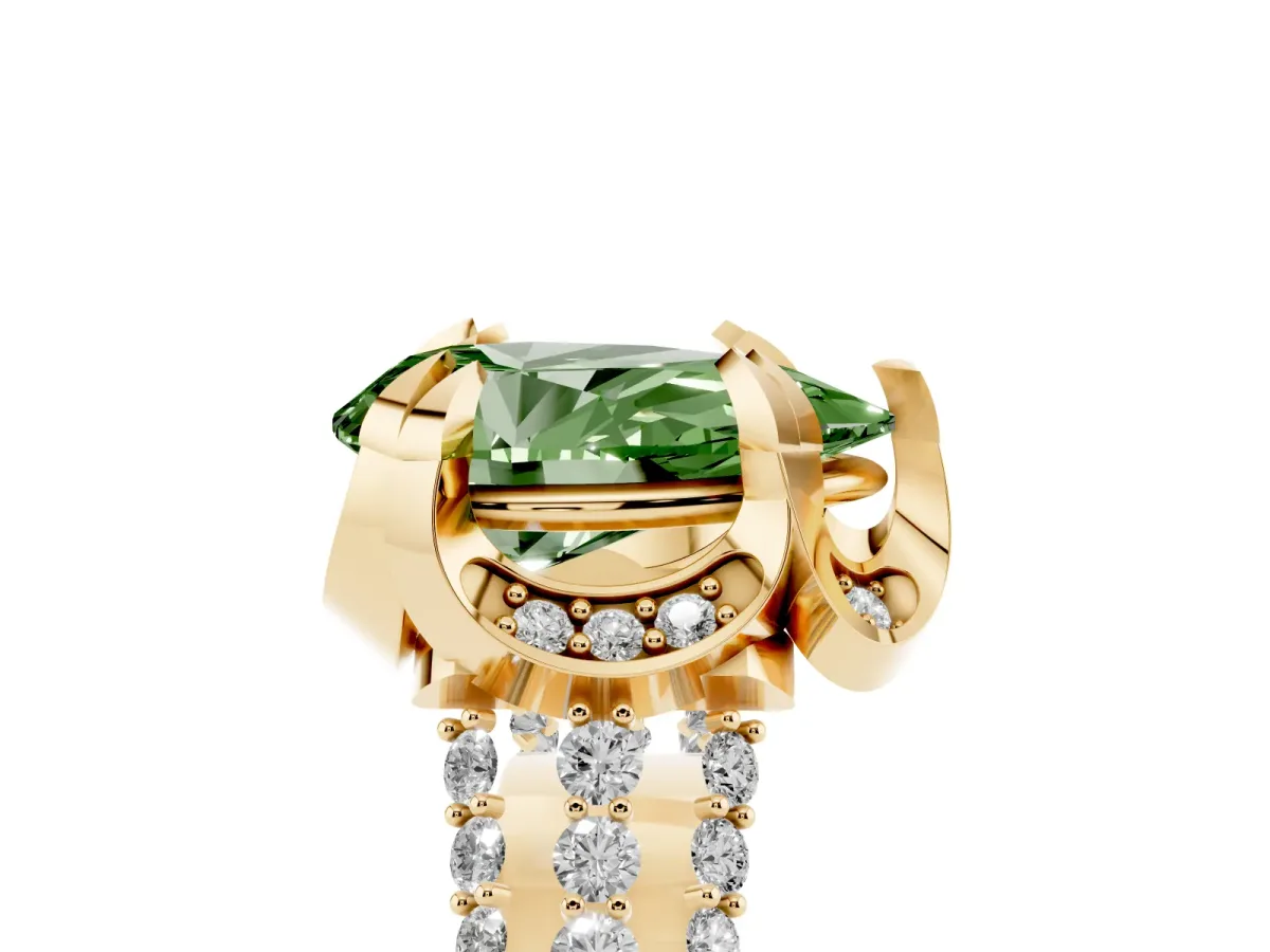Fancy Green Pear Cut Solitaire Pave Split Shank Ring with Four-Prong Setting Yellow gold