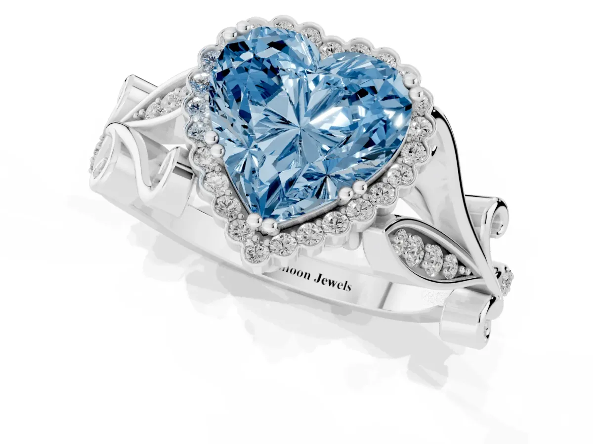Fancy Blue Heart Cut Diamond Halo Ring with Vintage Split Shank and Four-Prong Setting Silver