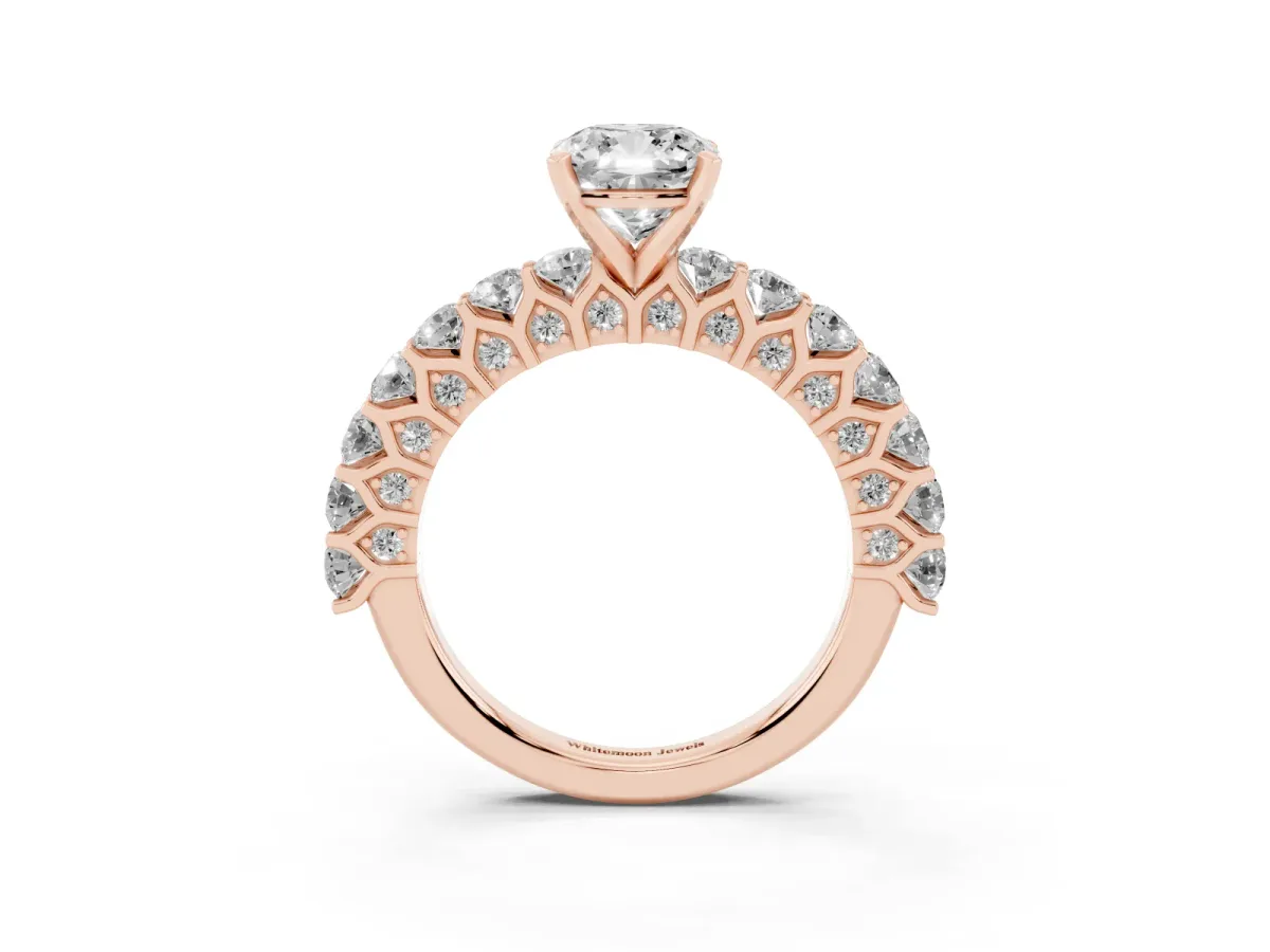 Cushion Cut Diamond Solitaire Ring with Shared Prong Pavé Band and Four-Prong Setting Rose gold