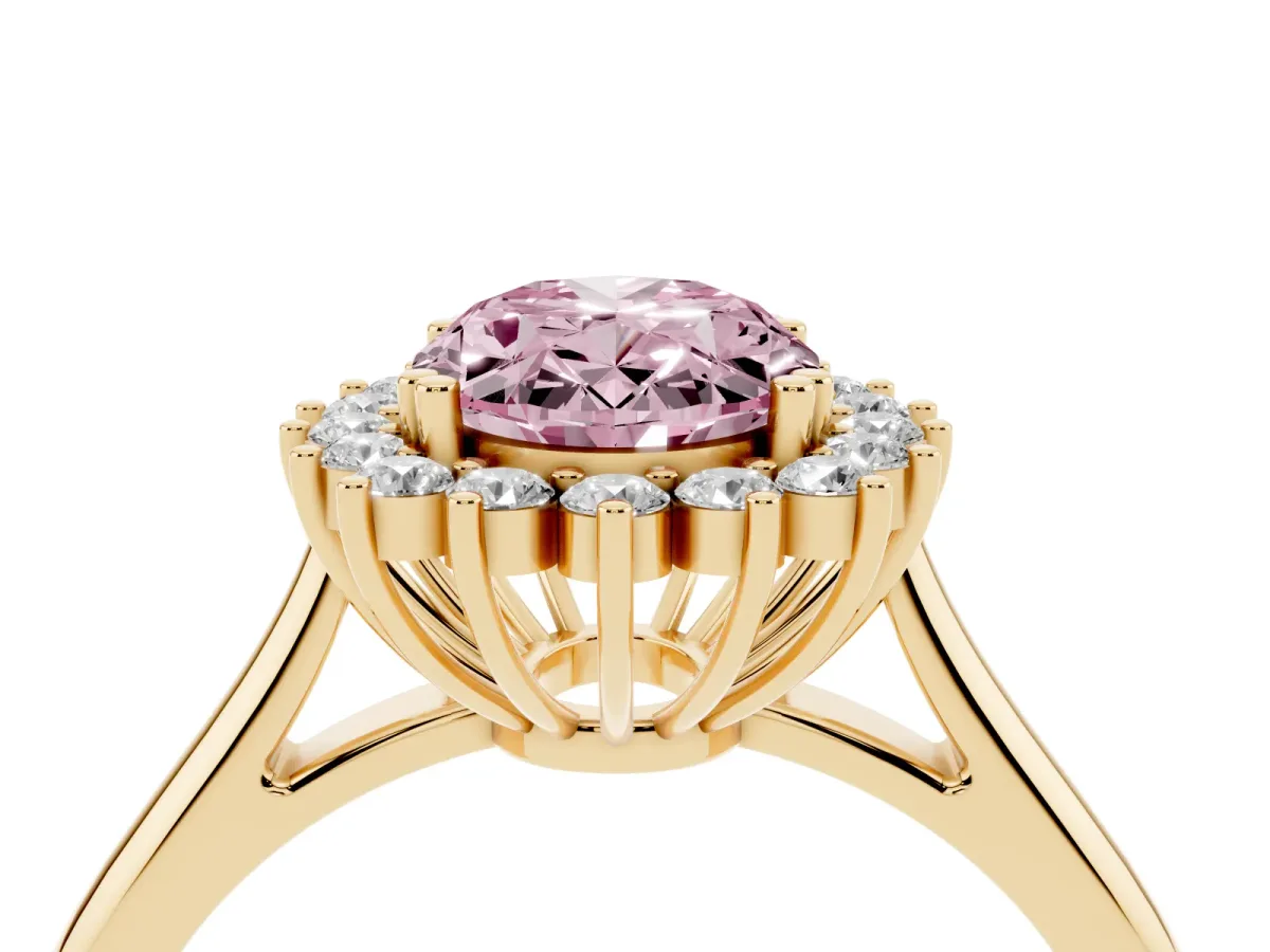 Fancy Pink Oval Cut Cut Diamond Halo Ring with Solitaire Band and Prong Setting Yellow gold