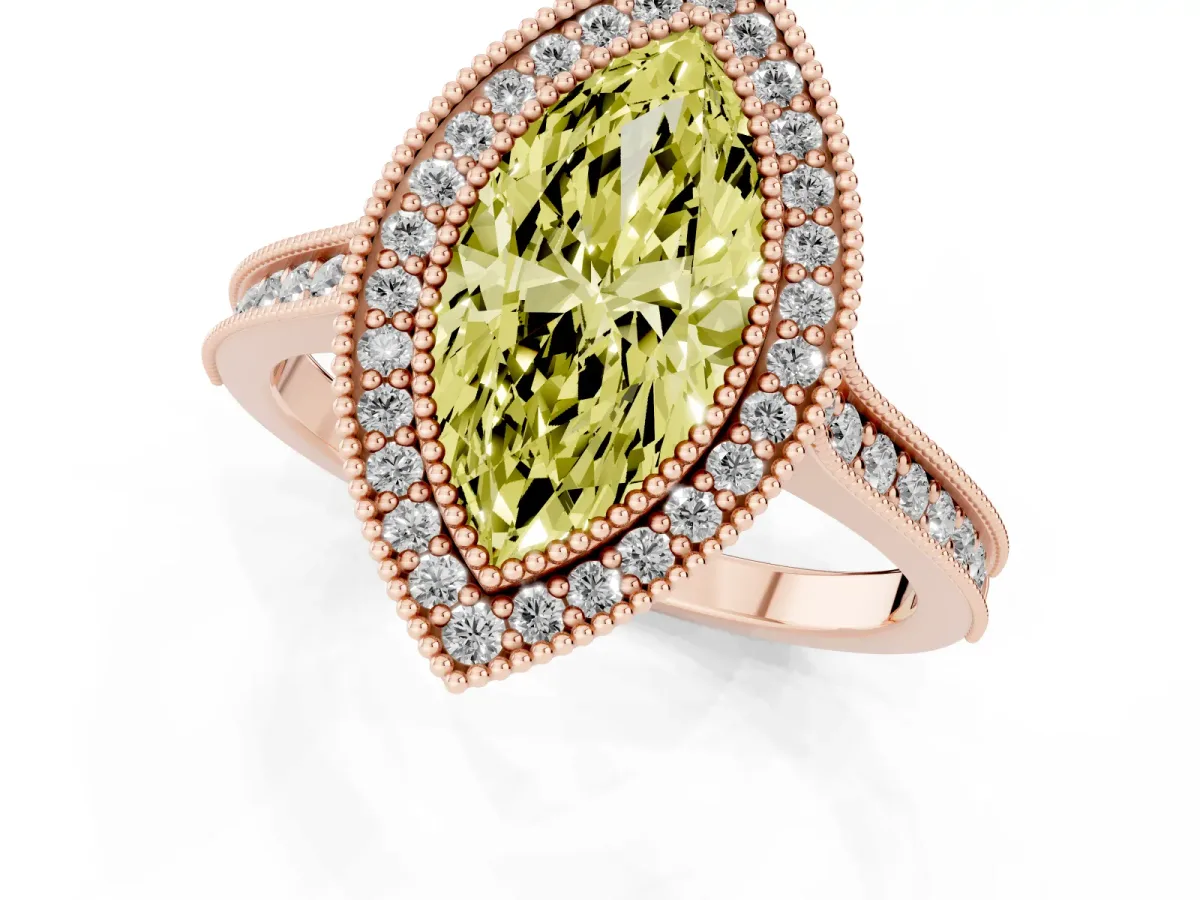 Fancy Yellow Halo Marquise Cut-Cut Diamond Pave Band Milgrain Prong Setting Ring Rose gold