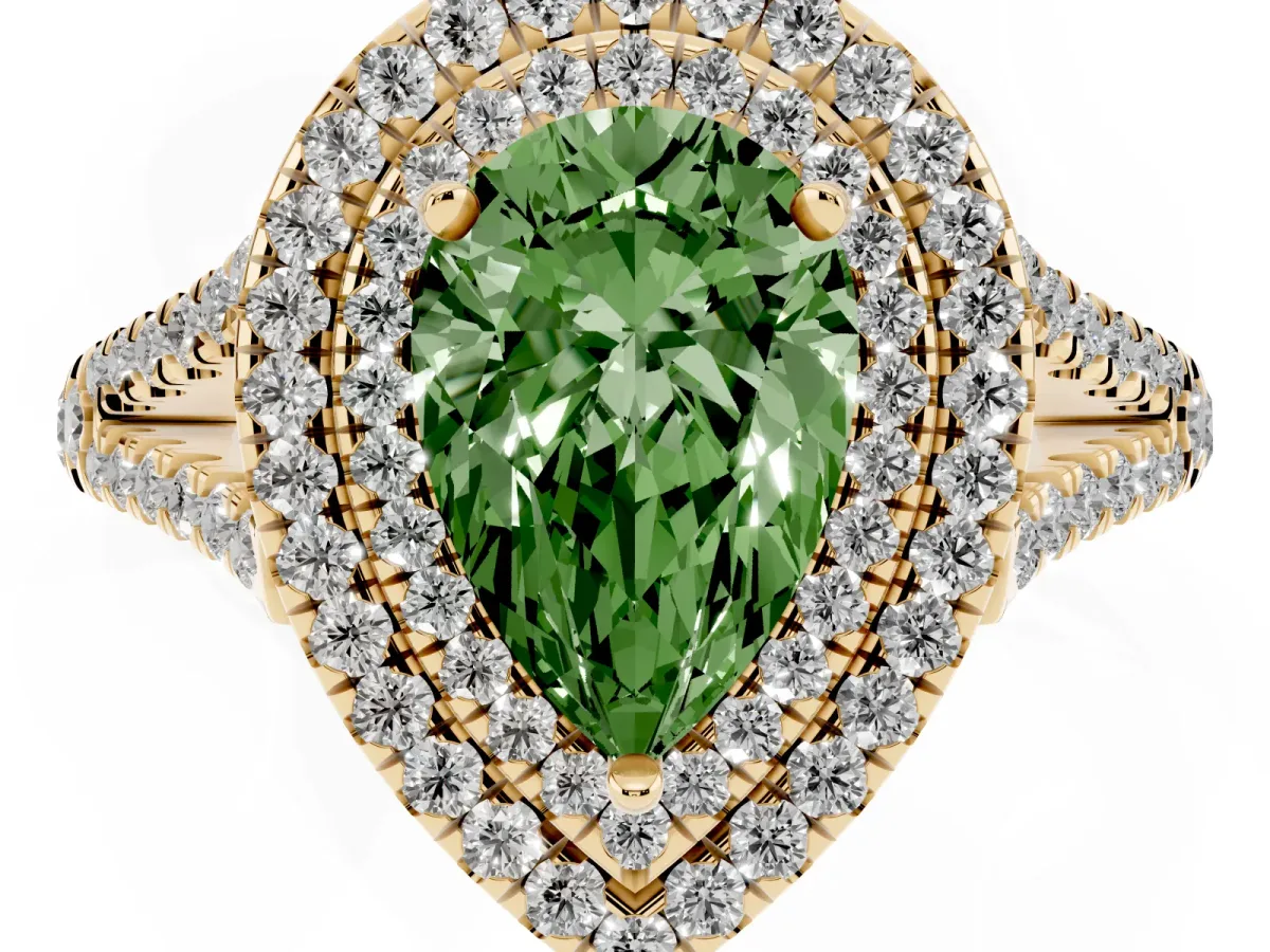 Fancy Green Pear Cut Diamond Double Halo Ring with Pavé Band and Prong Setting Yellow gold