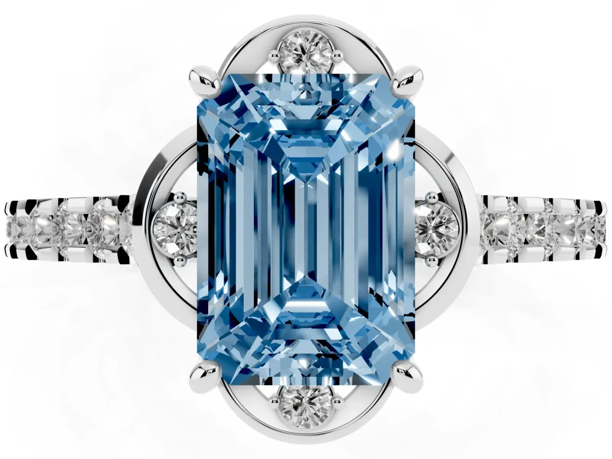 Fancy Blue Emerald Cut Diamond Ring with Pavé Band and Floral Prong Setting Silver