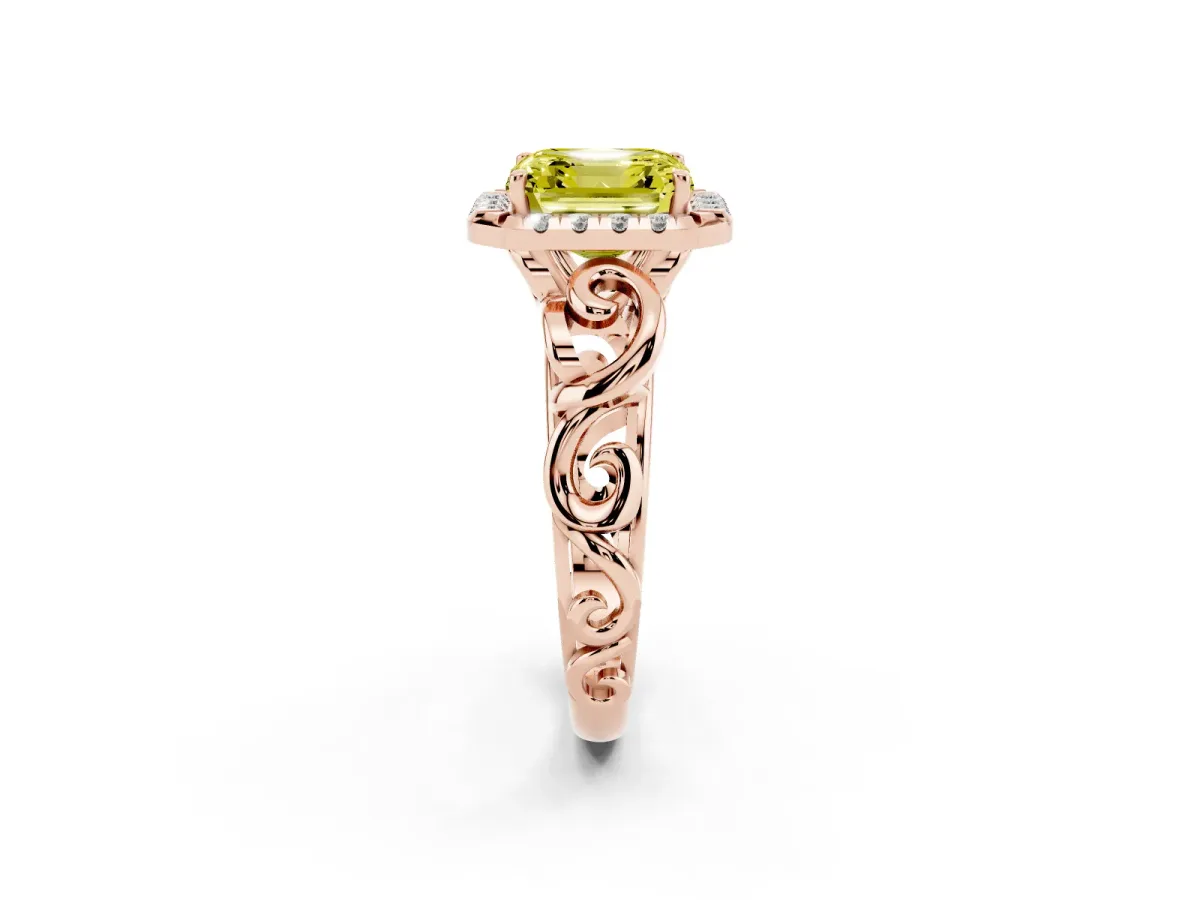 Fancy Yellow Asscher Cut Cut Halo Diamond Ring with Scrollwork Band and Four-Prong Setting Rose gold