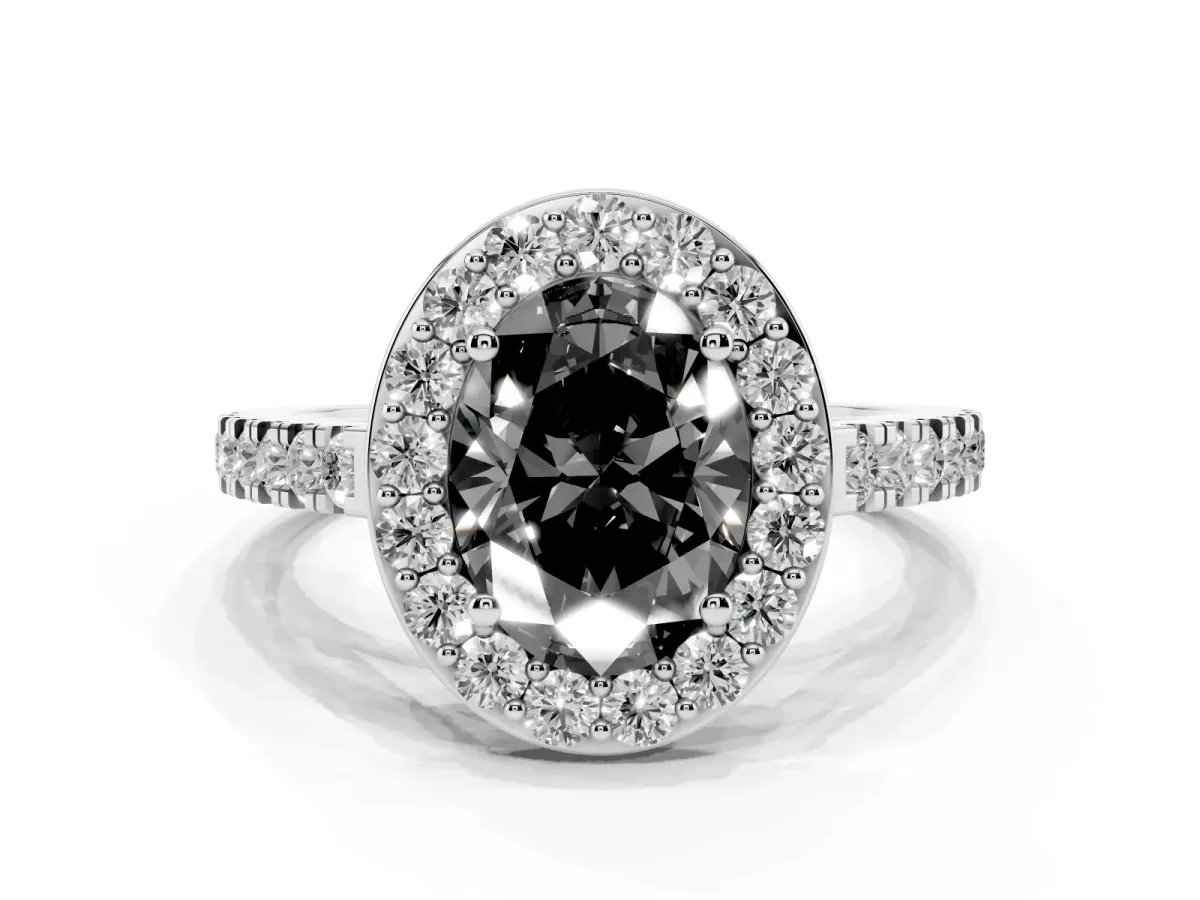 Fancy Black Oval Cut Diamond Halo Ring with Round Pavé Split Shank and Prong Setting Platinum