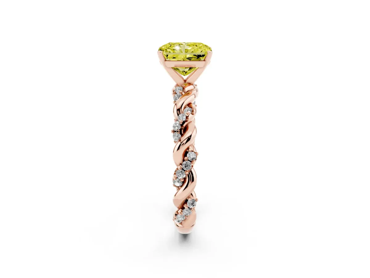 Fancy Yellow Radiant Cut Diamond Solitaire Ring with Twisted Band and Pavé Accents Rose gold