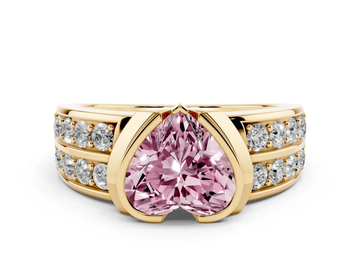 Fancy Pink Heart Cut Brilliant Diamond Channel Set Wide Band Ring with Bezel Setting Yellow gold