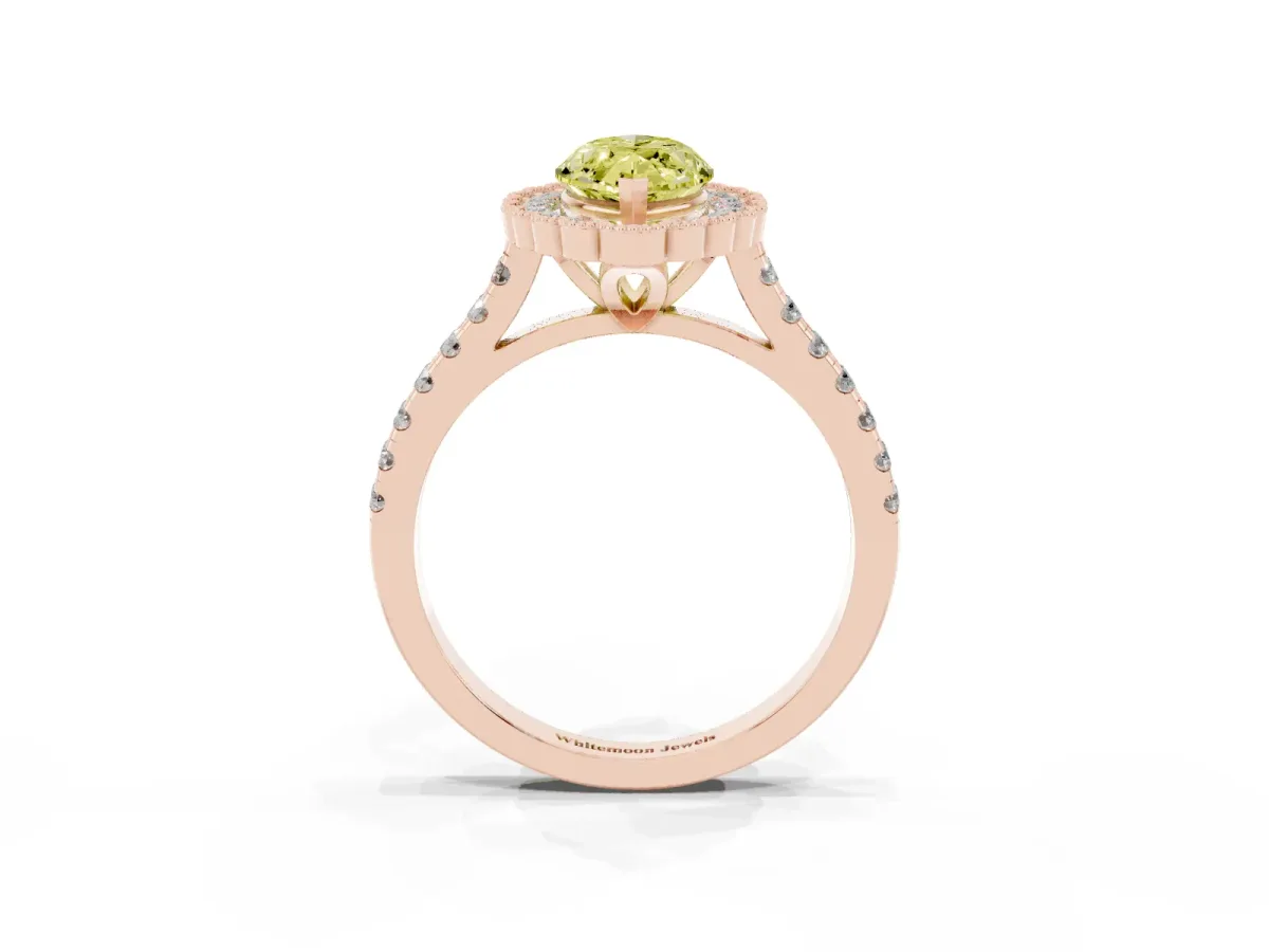 Fancy Yellow Marquise Cut Cut Diamond Milgrain Floral Halo Engagement Ring with Pavé Band Rose gold
