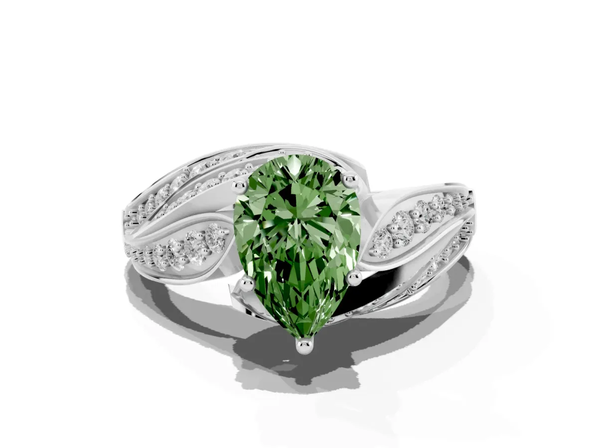 Fancy Green Pear Cut Diamond Solitaire Ring with Prong Setting and Twisted Pavé Band Silver
