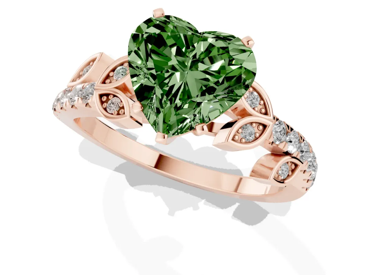 Fancy Green Heart Cut Solitaire Leaf-Inspired Diamond Ring with Pavé Band and Four-Prong Setting Rose gold