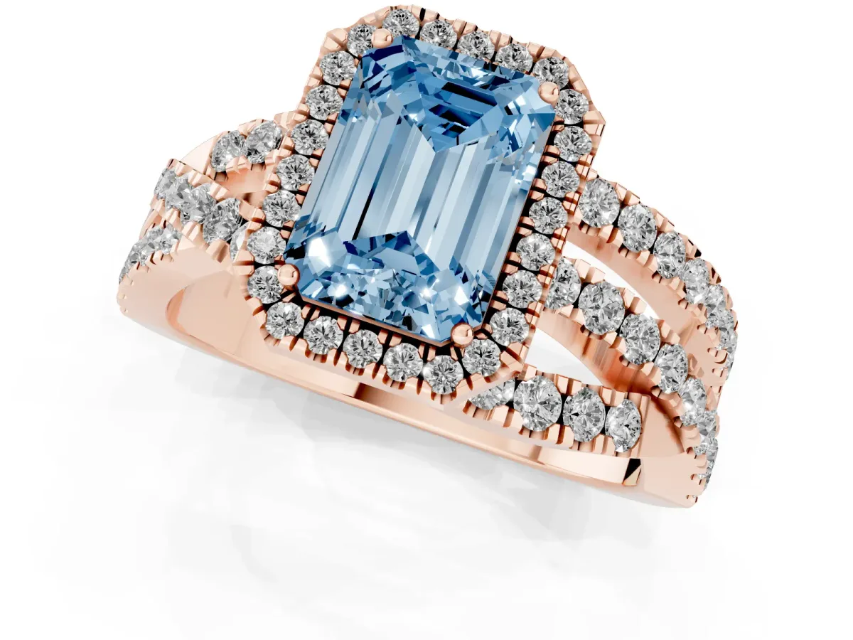 Fancy Blue Emerald Cut Diamond Halo Ring with Round Split Shank and Prong Setting Rose gold