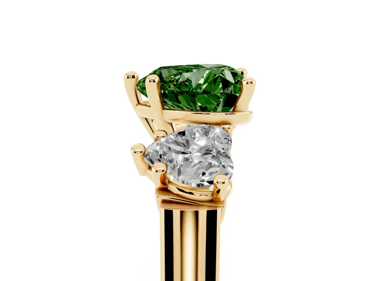 Fancy Green Three-Stone Heart Cut Brilliant Diamond Trellis Ring with Comfort Fit Band Yellow gold