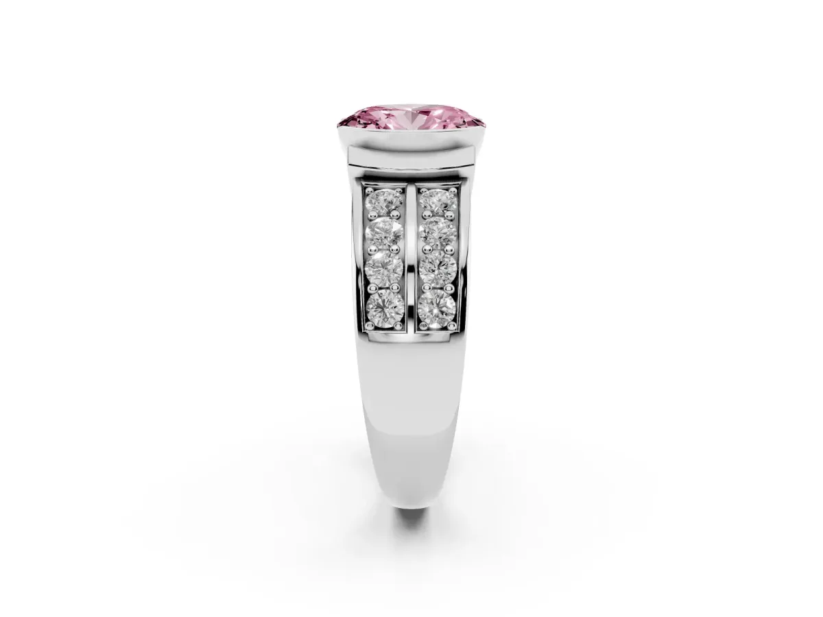 Fancy Pink Oval Cut Brilliant Diamond Channel Set Wide Band Ring with Bezel Setting Silver