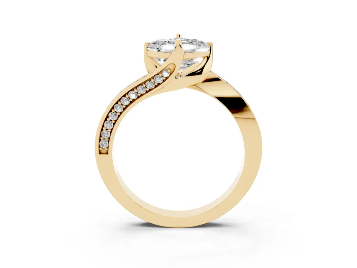 Asscher Cut Solitaire Diamond Twist Band with Pavé Setting and Four-Prong Setting Yellow gold