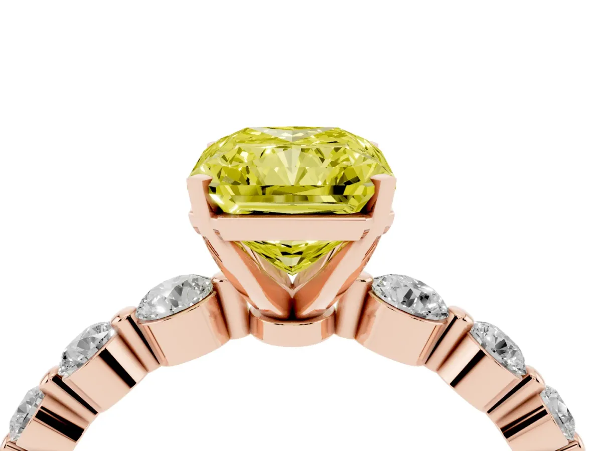 Fancy Yellow Radiant Cut Solitaire Diamond Ring with Pave Band and Four-Prong Setting Rose gold