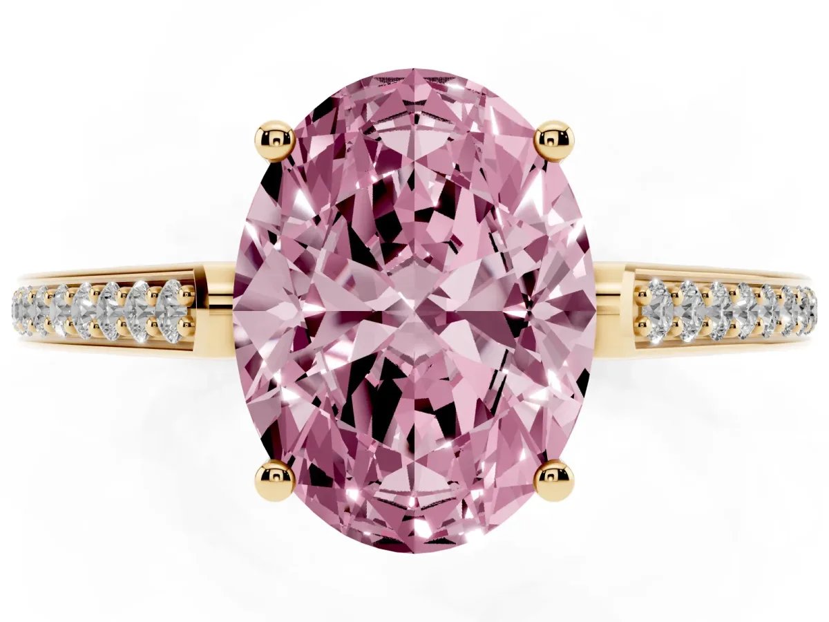 Fancy Pink Oval Cut Cut Cathedral Pave Diamond Engagement Ring with Six-Prong Setting Yellow gold